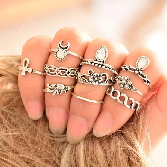 10Pcs/Set Ethnic Vintage Elephant Ring Set Carved Flower Bohemian Ring Silver Plated Wedding Rings Bague Femme Fashion Jewelry