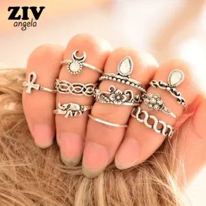 10Pcs/Set Ethnic Vintage Elephant Ring Set Carved Flower Bohemian Ring Silver Plated Wedding Rings Bague Femme Fashion Jewelry