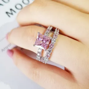 2PC/Set Bridal Rings with Oval Cut Pink Zircon for Women in Rose Gold Color