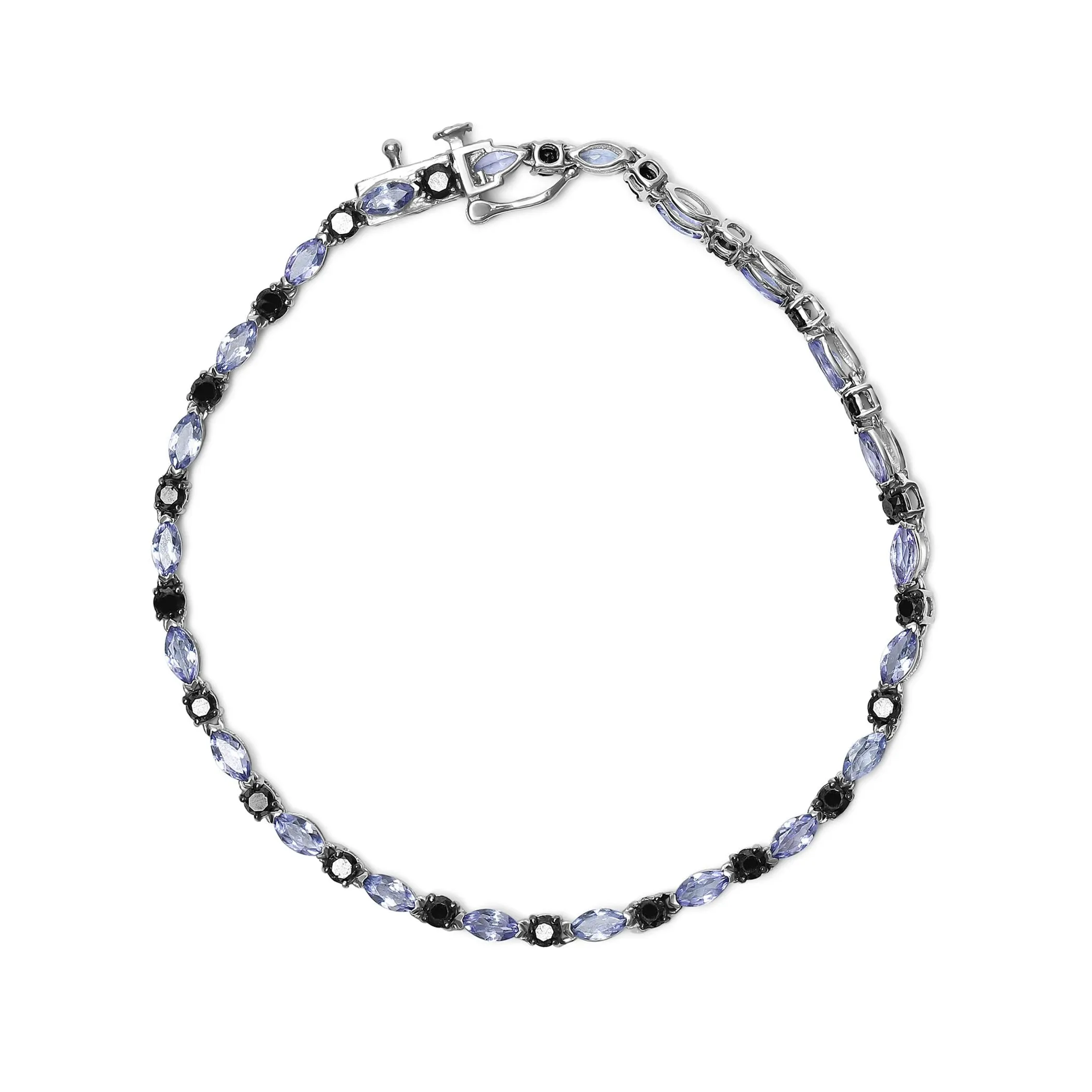 .925 Sterling Silver 1 1/2 Cttw Black Diamond and Blue Tanzanite Link Bracelet (I2-I3 Clarity, Black Color) - Size 7.25"