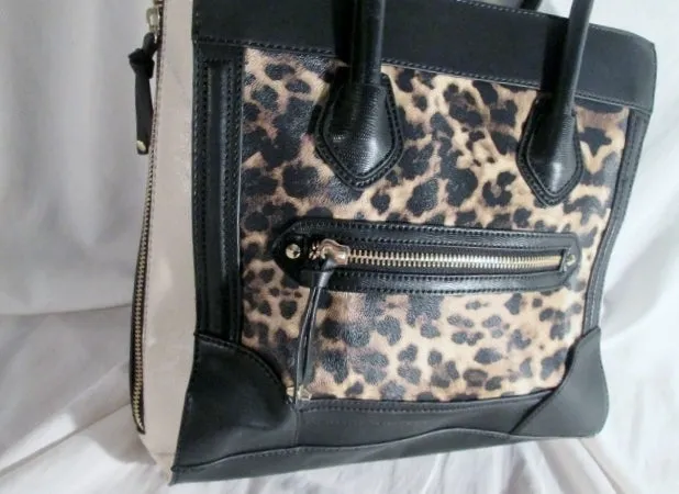 ALDO Vegan Faux Leather Satchel TOTE Bag Shoulder Bag Carryall  LEOPARD BLACK WHITE