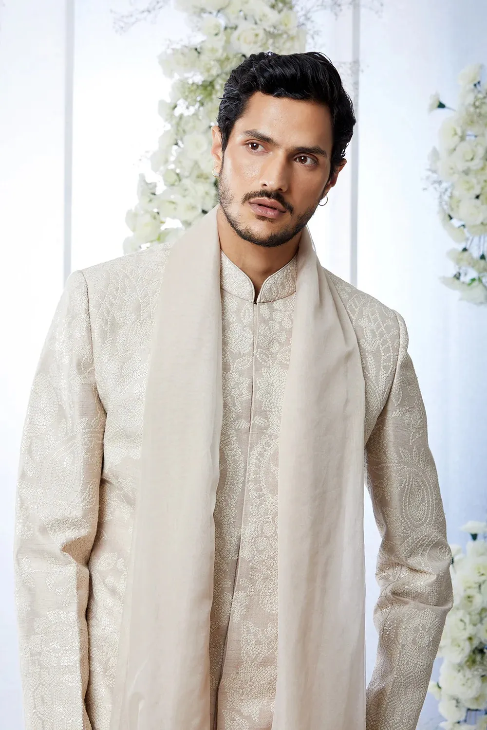 Beige Pink Sequin Embroidered Sherwani Set