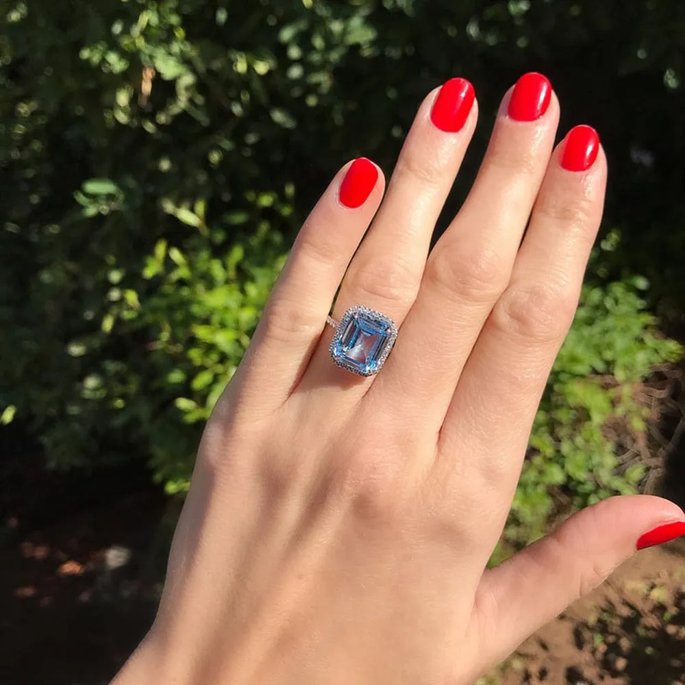 Blue Emerald Cut Zircon Engagement Rings for Women in Silver Color