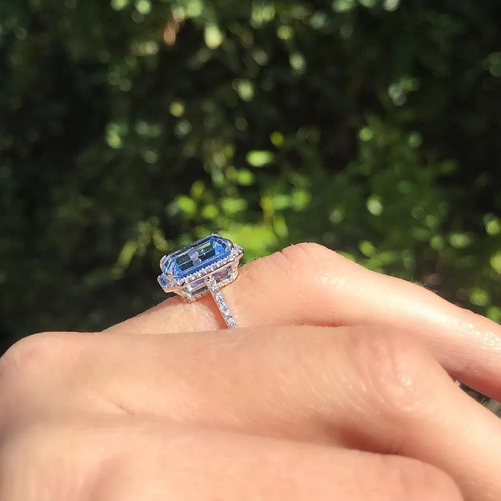 Blue Emerald Cut Zircon Engagement Rings for Women in Silver Color