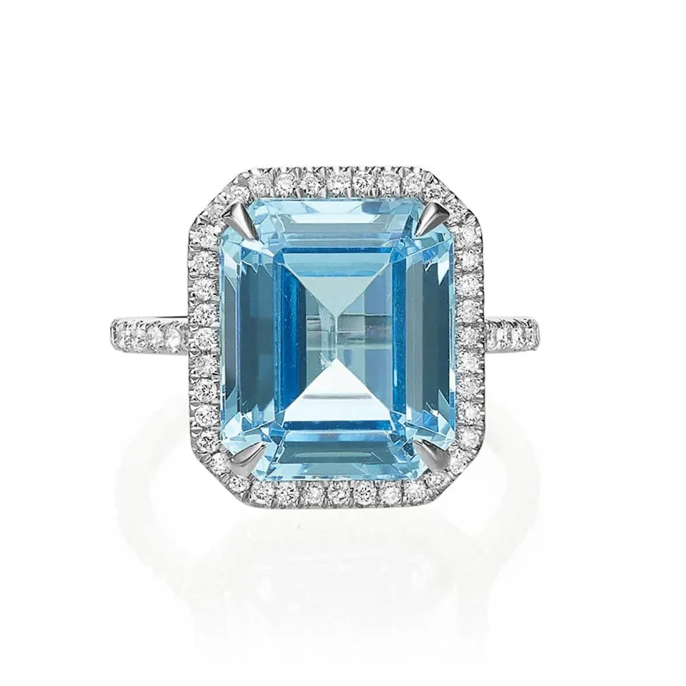 Blue Emerald Cut Zircon Engagement Rings for Women in Silver Color