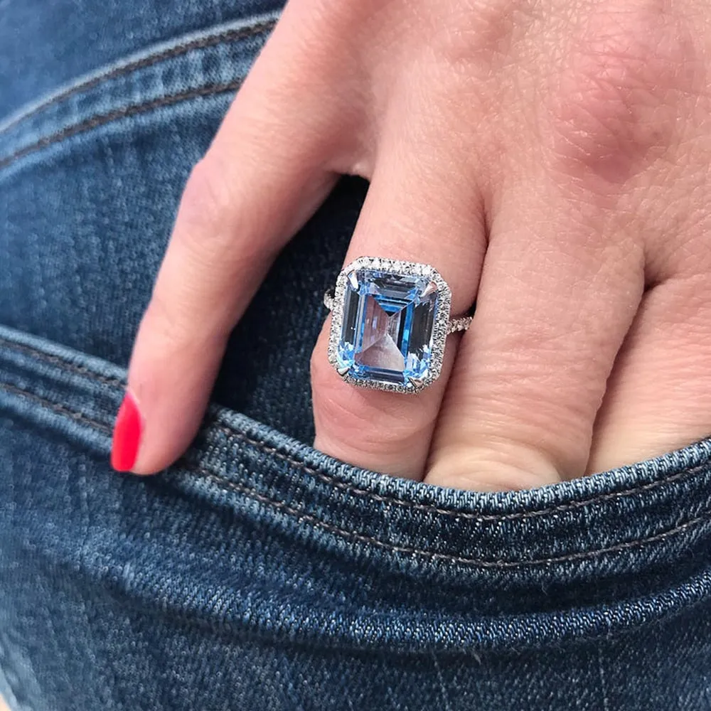 Blue Emerald Cut Zircon Engagement Rings for Women in Silver Color