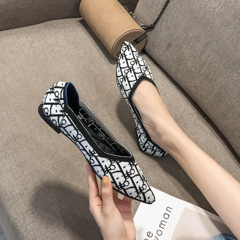 Breathable Soft Knitted Weave Pointed Toe Comfortable Cute Flat Pumps