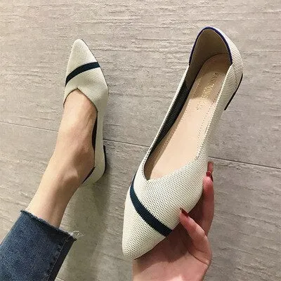 Breathable Soft Knitted Weave Pointed Toe Comfortable Cute Flat Pumps