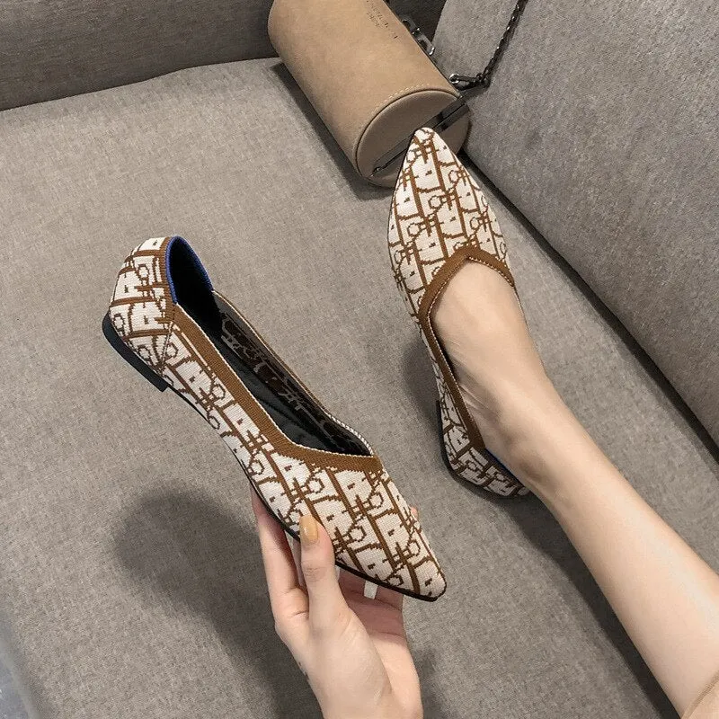 Breathable Soft Knitted Weave Pointed Toe Comfortable Cute Flat Pumps