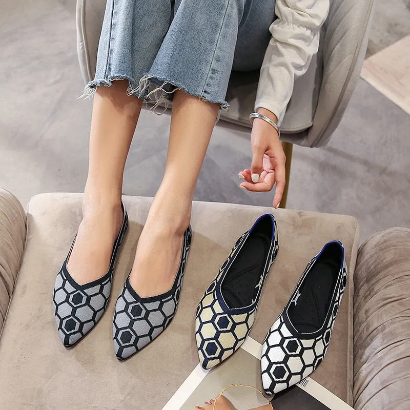 Breathable Soft Knitted Weave Pointed Toe Comfortable Cute Flat Pumps