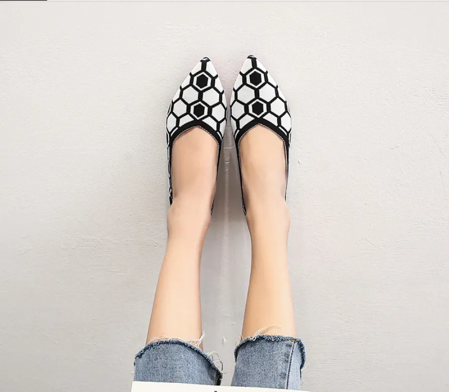 Breathable Soft Knitted Weave Pointed Toe Comfortable Cute Flat Pumps