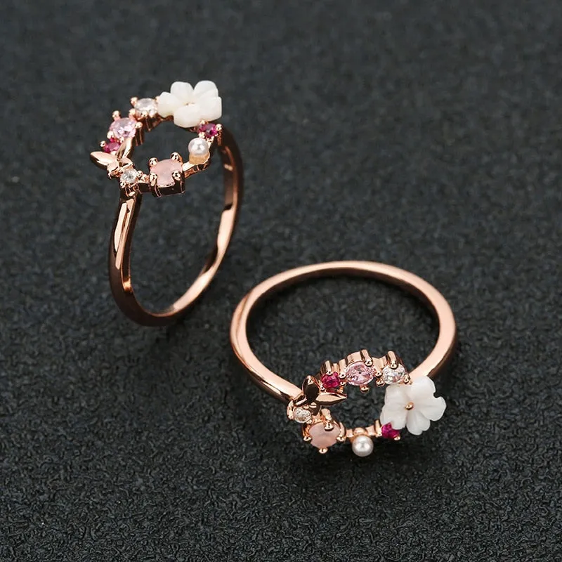 Butterfly Flowers Crystal Finger Wedding Rings for Women Rose Gold Zircon Glamour Ring Jewelry