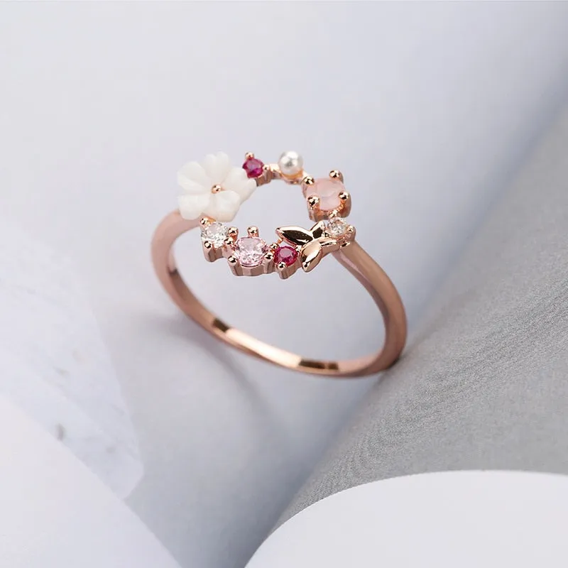 Butterfly Flowers Crystal Finger Wedding Rings for Women Rose Gold Zircon Glamour Ring Jewelry