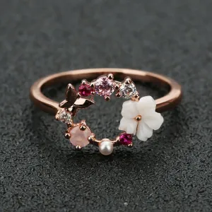 Butterfly Flowers Crystal Finger Wedding Rings for Women Rose Gold Zircon Glamour Ring Jewelry