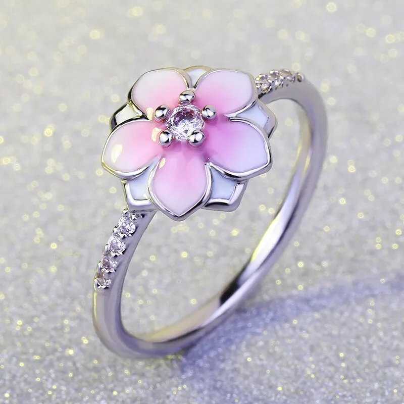 Chinese Jewelry Peach Blossom Enamel Ring for Women with Zircon in 925 Silver