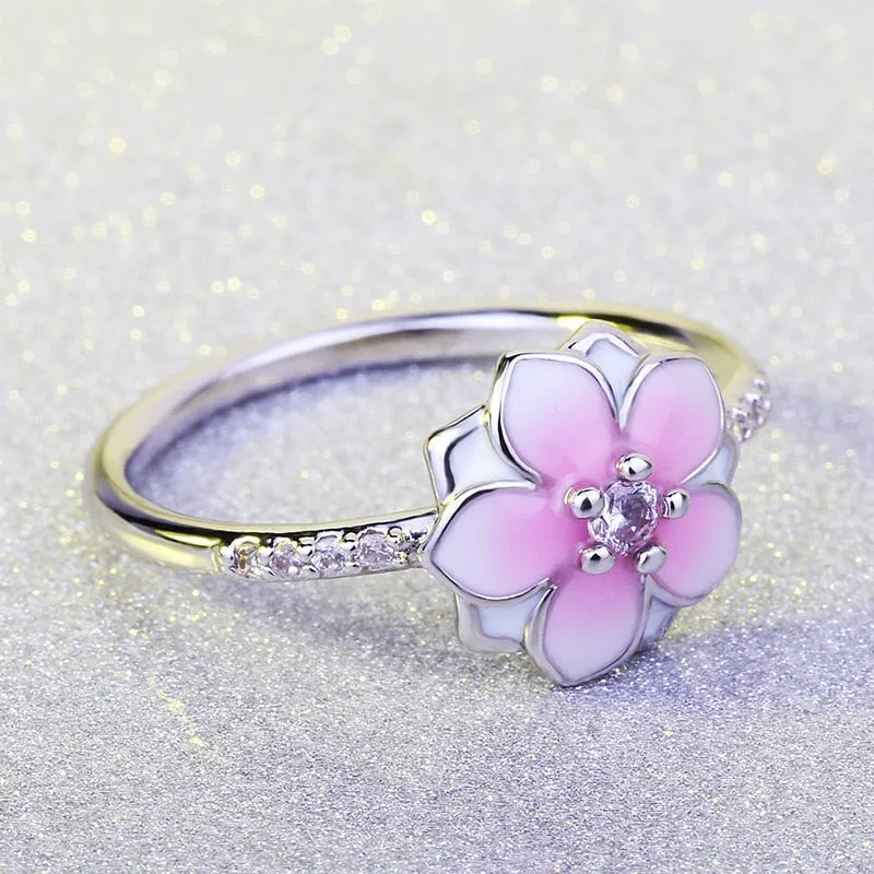 Chinese Jewelry Peach Blossom Enamel Ring for Women with Zircon in 925 Silver