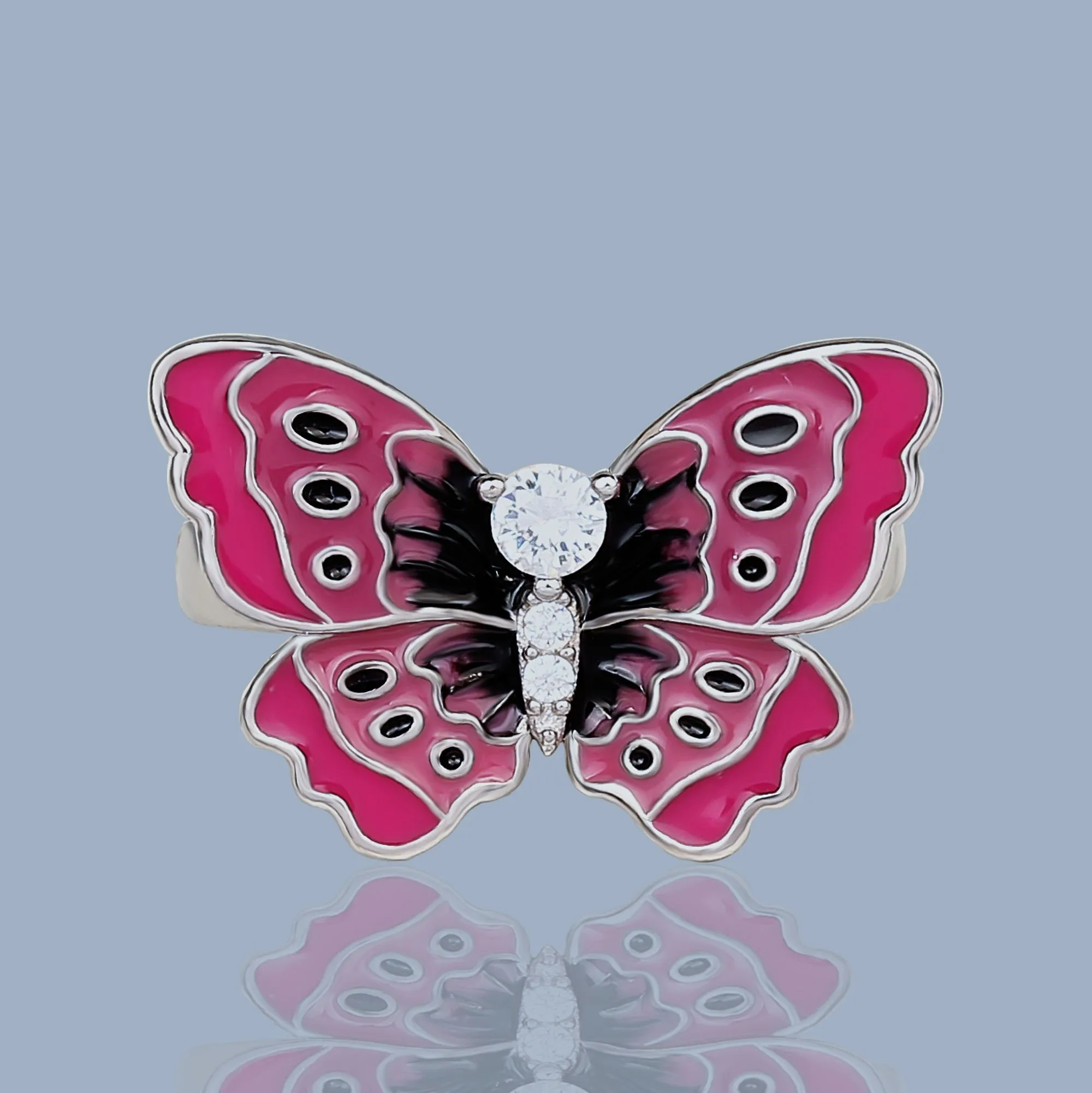 Chinese Jewelry Pink Butterfly Enamel Ring for Women with Zircon in 925 Silver