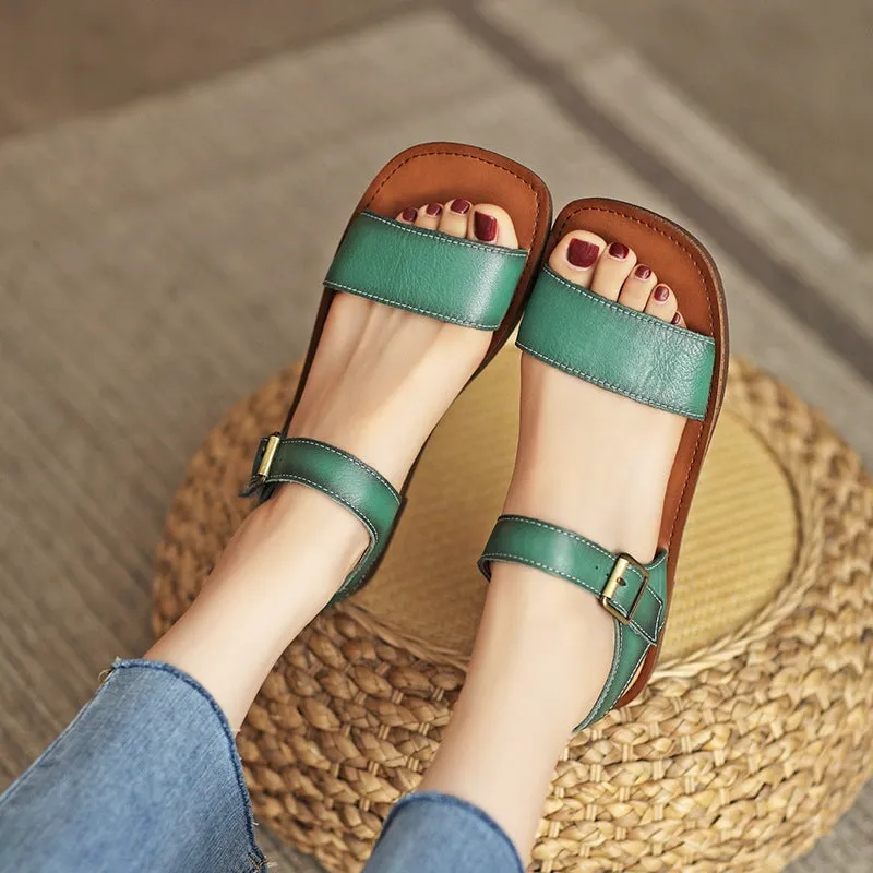 Classic Leather Sandals for Women Flat Ankle Strap Side Buckle in Brown/Beige/Green