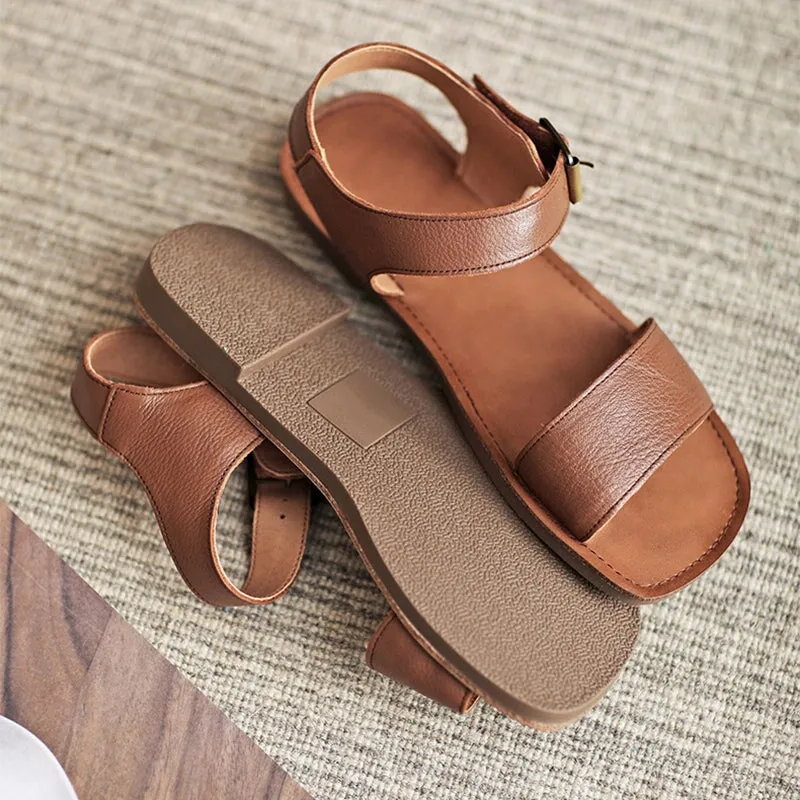 Classic Leather Sandals for Women Flat Ankle Strap Side Buckle in Brown/Beige/Green