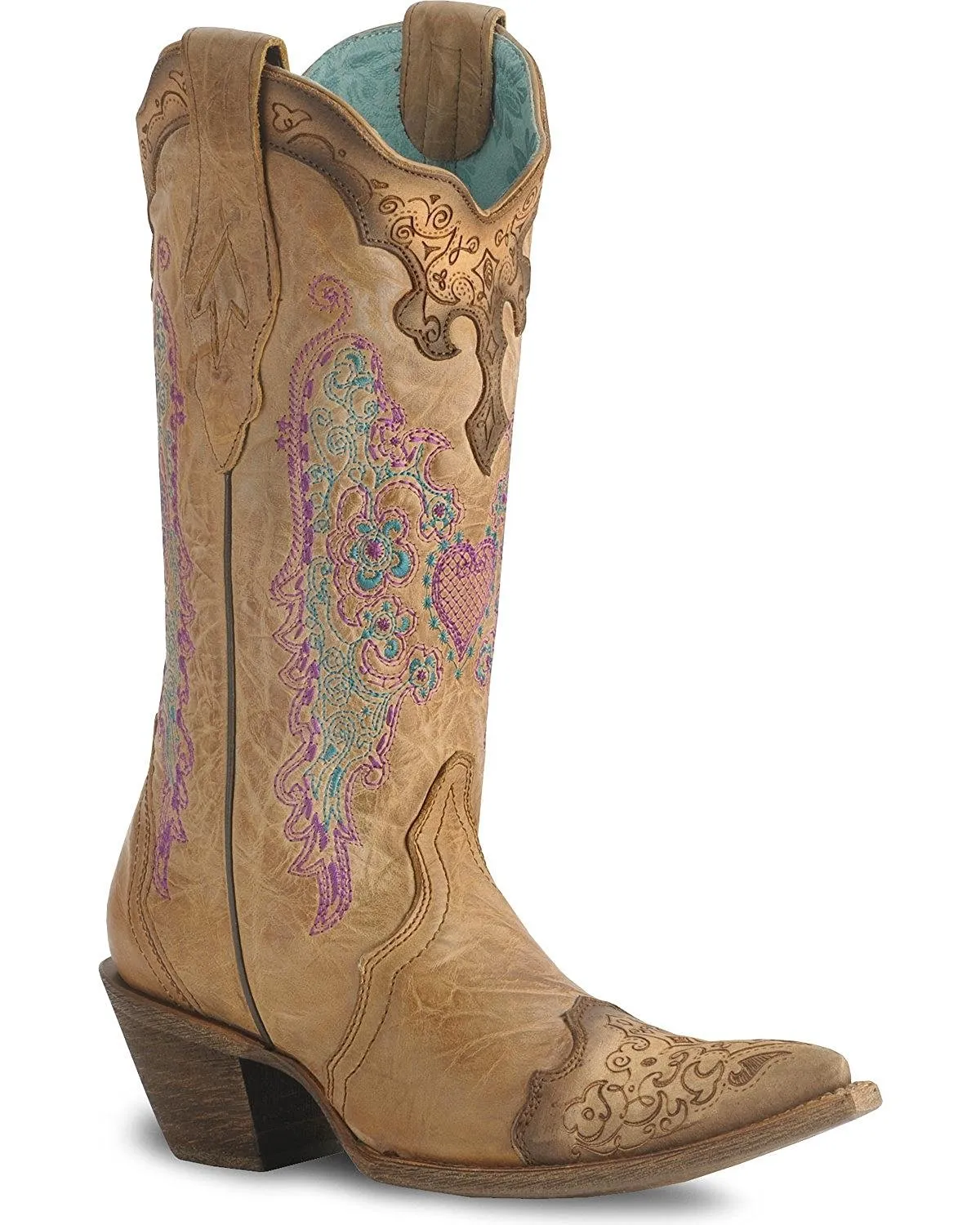 Corral Women's Lace and Heart Embroidery Cowgirl Boot Pointed Toe - C1608