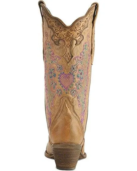 Corral Women's Lace and Heart Embroidery Cowgirl Boot Pointed Toe - C1608