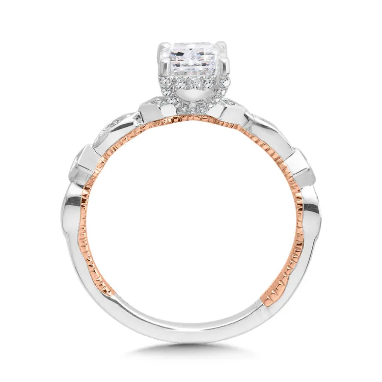 Emerald-Cut Diamond & Two-Tone, Milgrain-Beaded, Stackable Hidden Halo Engagement Ring