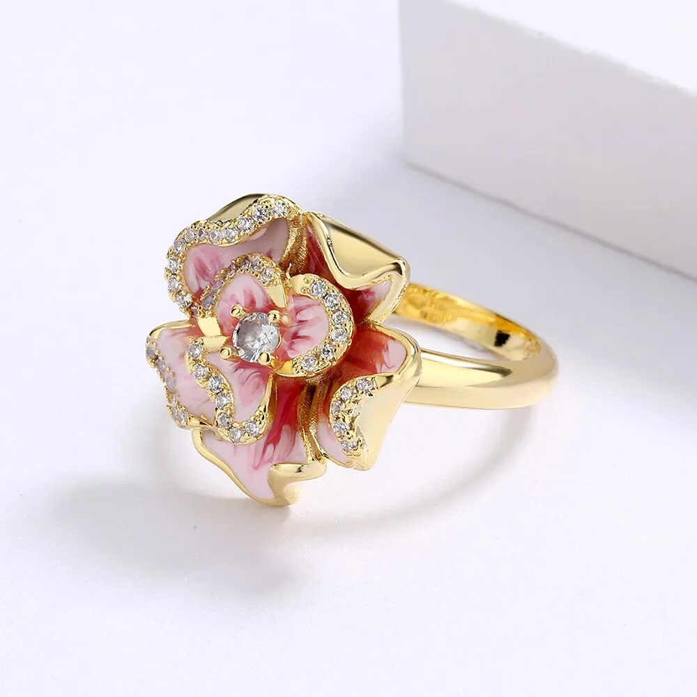 Exquisite Pink Flower Enamel Ring for Women with Zircon in 925 Sterling Silver