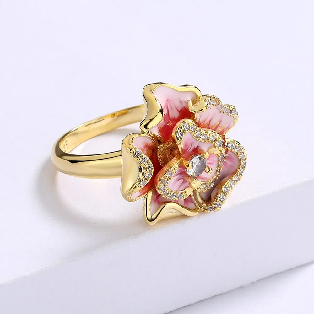 Exquisite Pink Flower Enamel Ring for Women with Zircon in 925 Sterling Silver