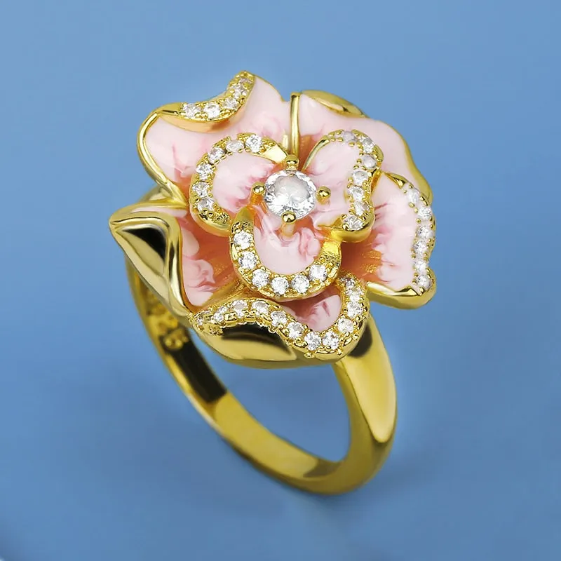 Exquisite Pink Flower Enamel Ring for Women with Zircon in 925 Sterling Silver