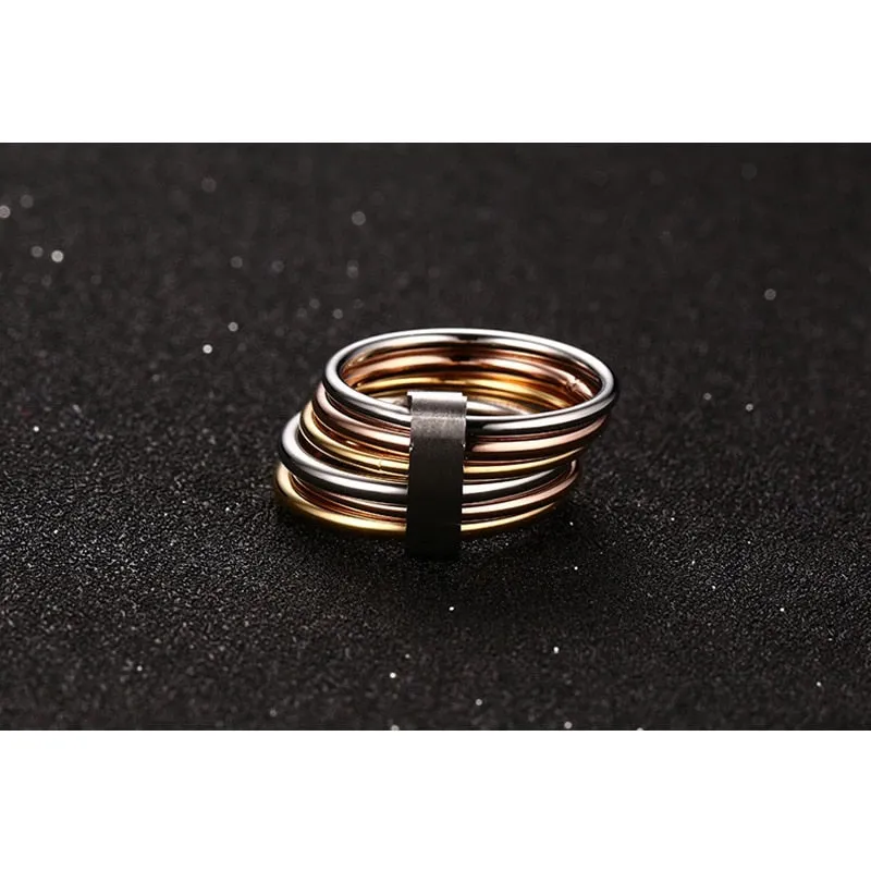 Fashion 6 Plain Bands Interlocked Stacked Wide Statement Cocktail Rings for Women Three Colors Femme Ring Set