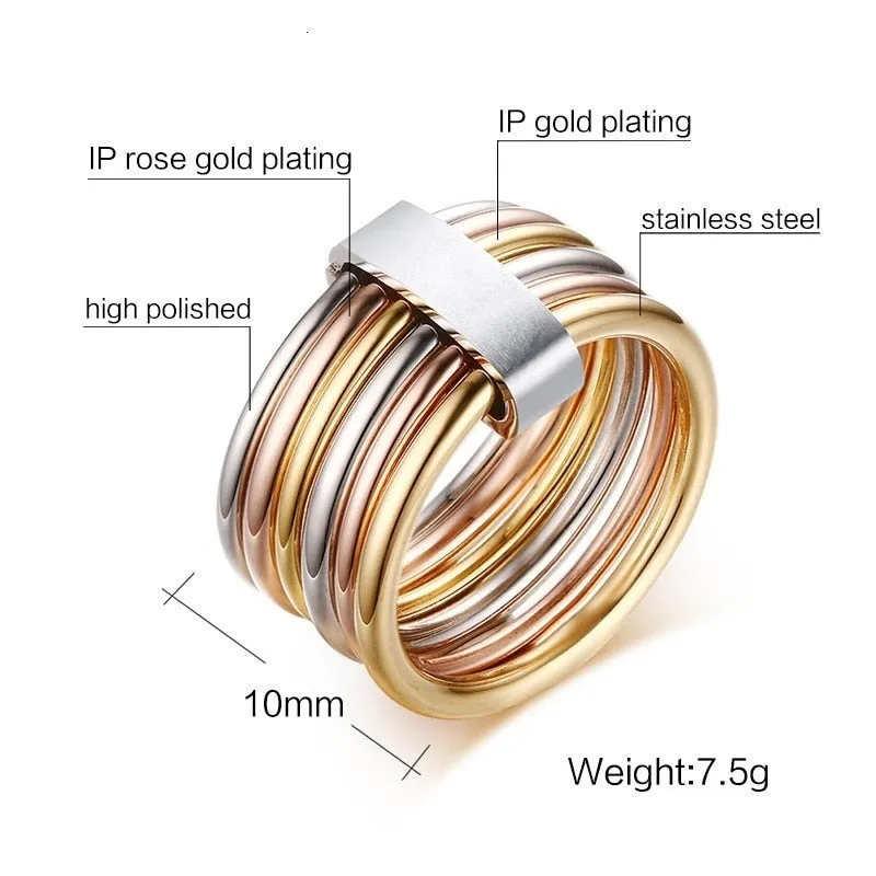 Fashion 6 Plain Bands Interlocked Stacked Wide Statement Cocktail Rings for Women Three Colors Femme Ring Set