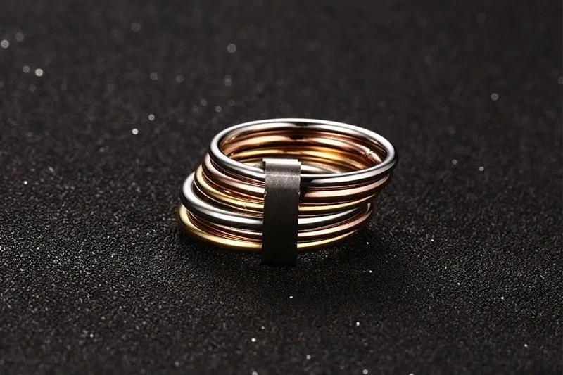 Fashion 6 Plain Bands Interlocked Stacked Wide Statement Cocktail Rings for Women Three Colors Femme Ring Set