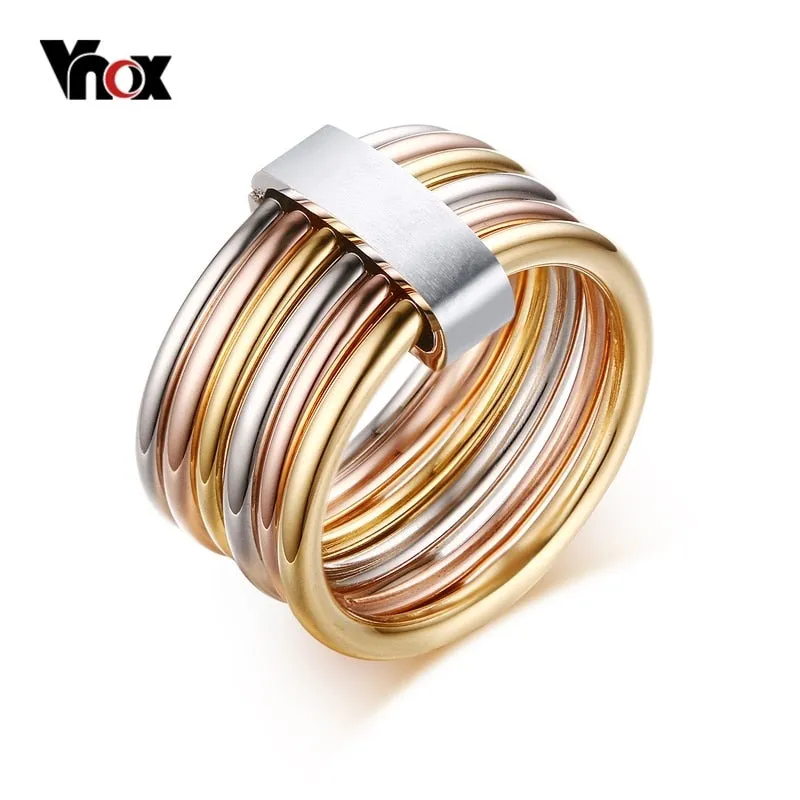 Fashion 6 Plain Bands Interlocked Stacked Wide Statement Cocktail Rings for Women Three Colors Femme Ring Set