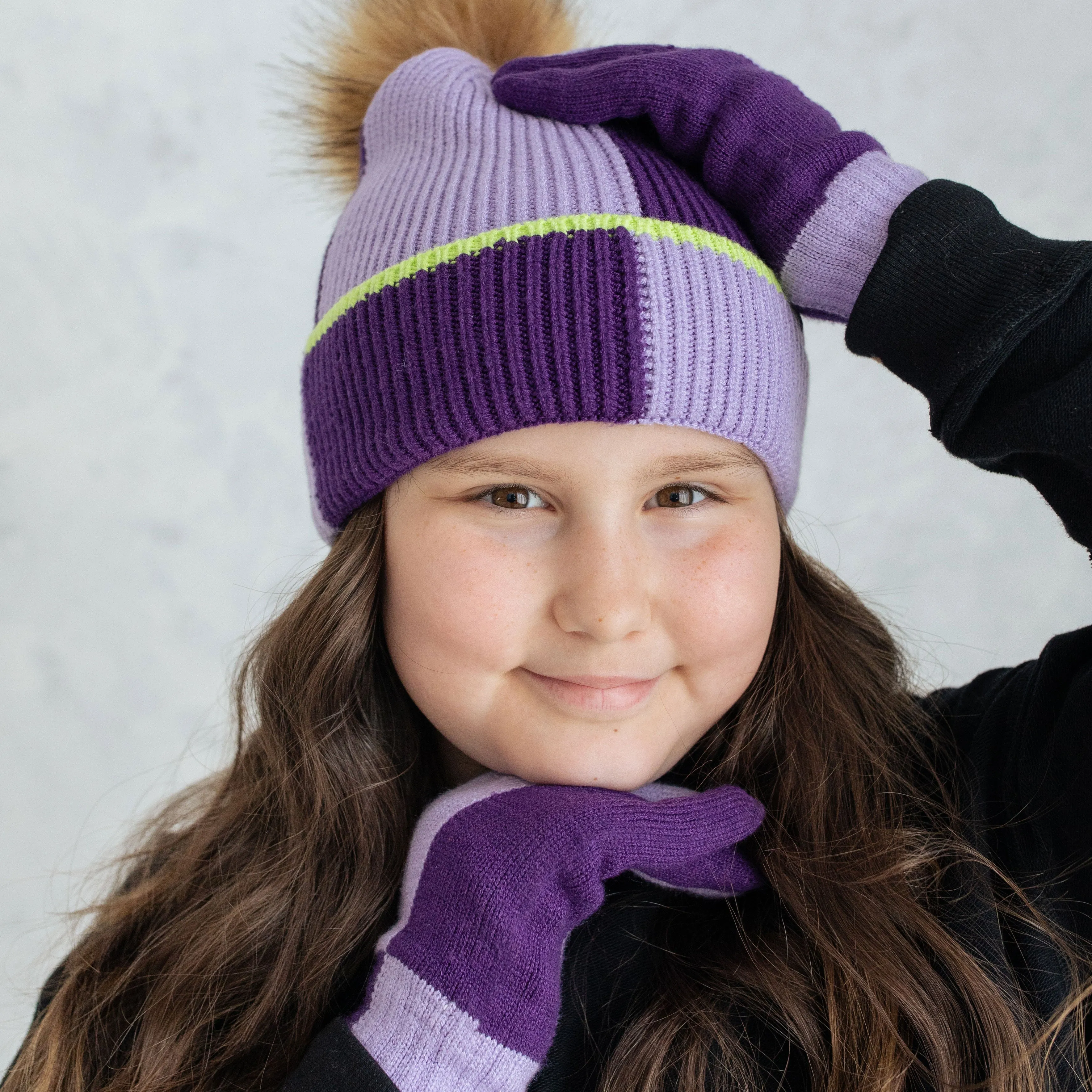 Girl's Purple Color Block Knit Gloves