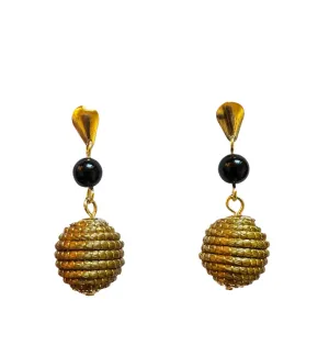 Golden Grass Black Dot Globe Earrings