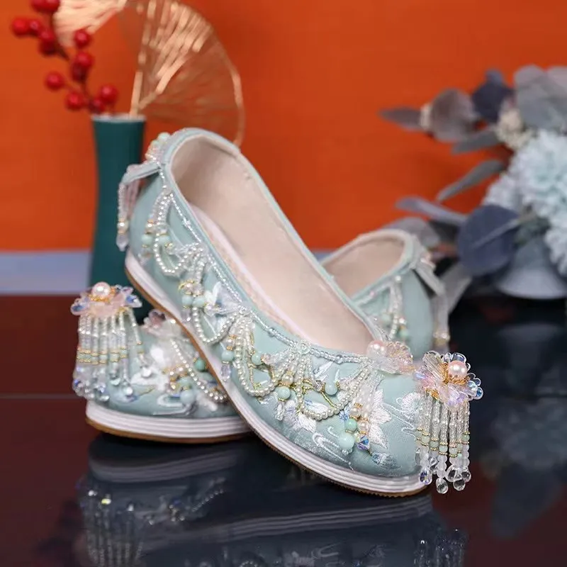 Handmade Custom  Melaleuca Bottom Heightening Embroidered and Beaded Women's Hanfu Shoes Chinese Cosplay Shoes