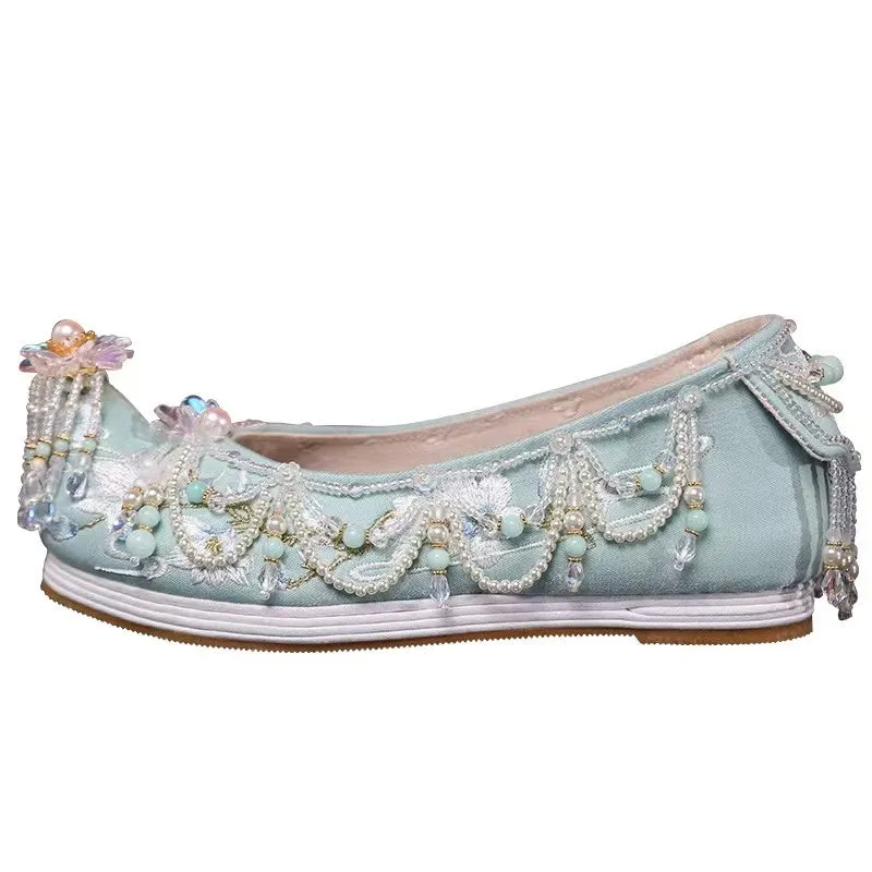 Handmade Custom  Melaleuca Bottom Heightening Embroidered and Beaded Women's Hanfu Shoes Chinese Cosplay Shoes