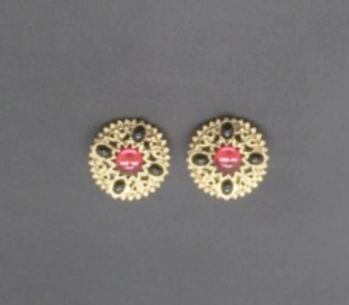 Italianate Vintage Pierced Earrings with Red Cabochons and Jet Accents