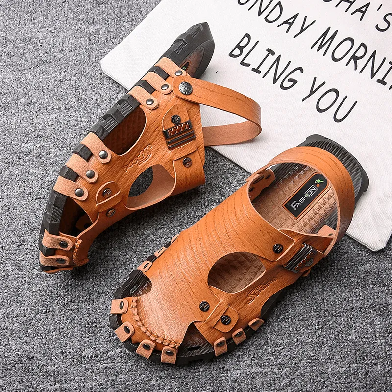 kkboxly kkboxly Men Genuine Leather Sandals Casual Two-Ways Breathable Slippers