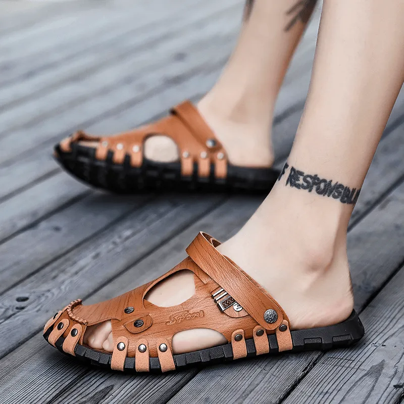 kkboxly kkboxly Men Genuine Leather Sandals Casual Two-Ways Breathable Slippers