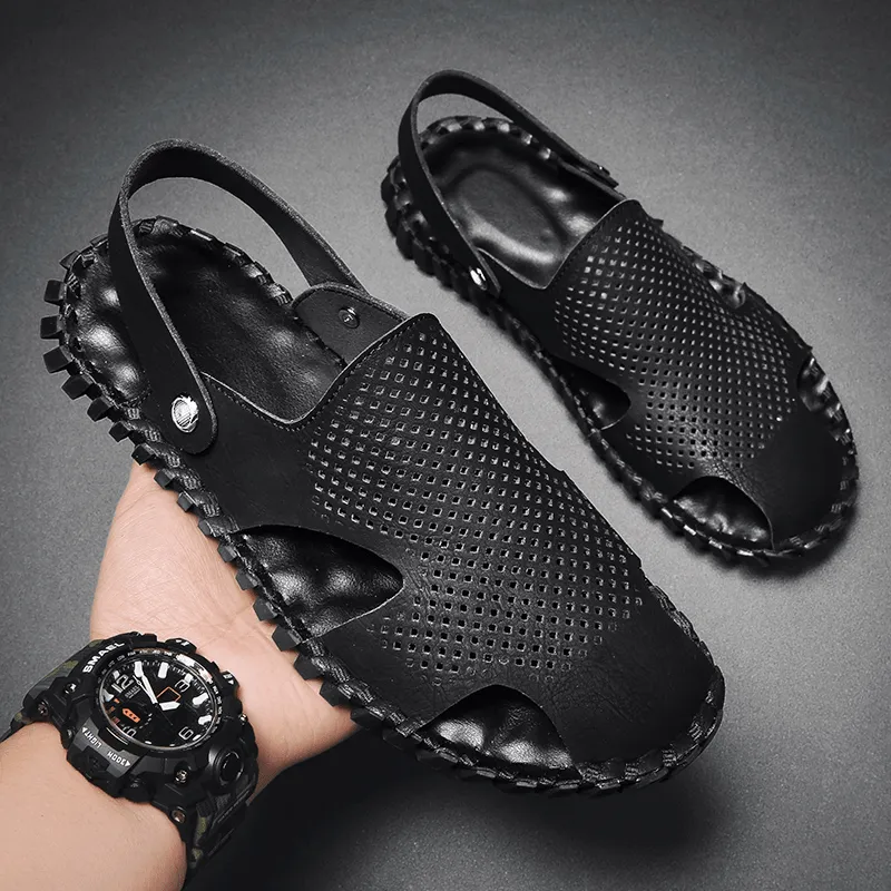 kkboxly kkboxly Men Genuine Leather Two-Ways Closed Toe Breathable Leisure Sandals