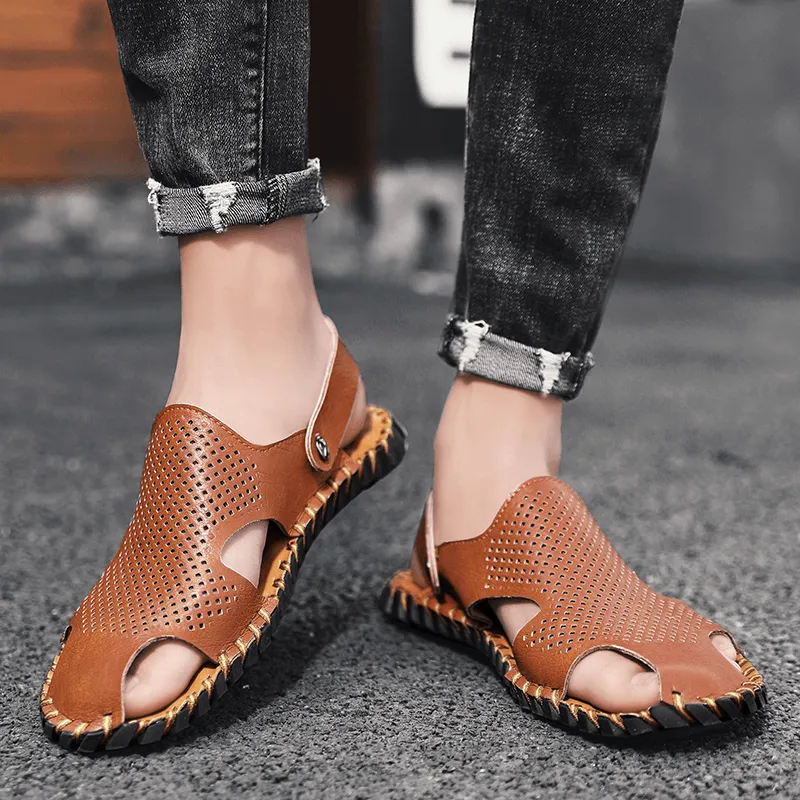 kkboxly kkboxly Men Genuine Leather Two-Ways Closed Toe Breathable Leisure Sandals