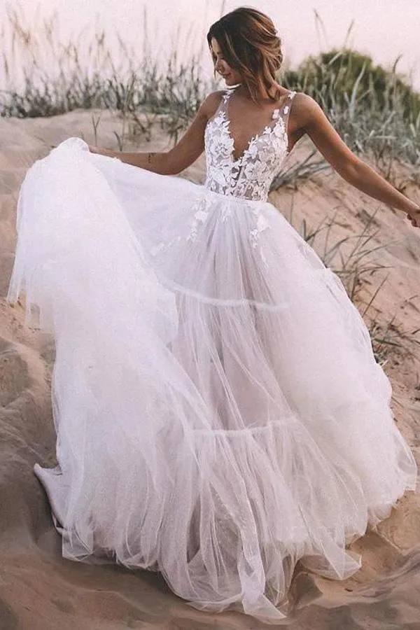 Layered Tulle Skirt Lace V Neck  Outdoor Wedding Dresses Bridal Gown  WD469