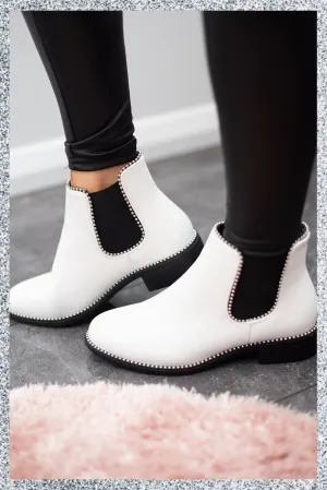 Leather Look Studded Chelsea Boots- White