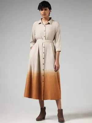 LOV Solid Beige Ombre Button Down Dress