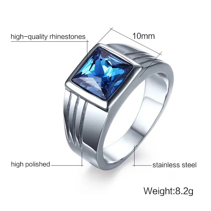 Mens Rings Stainless Steel Blue Cubic Zirconia Cut Fashion Jewelry Wedding Band