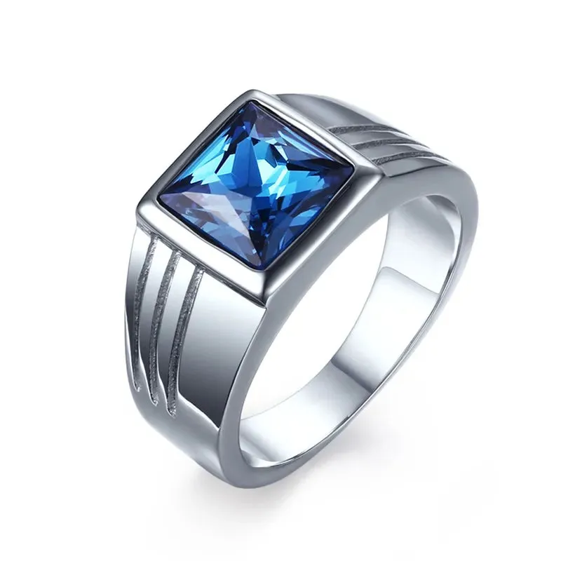 Mens Rings Stainless Steel Blue Cubic Zirconia Cut Fashion Jewelry Wedding Band