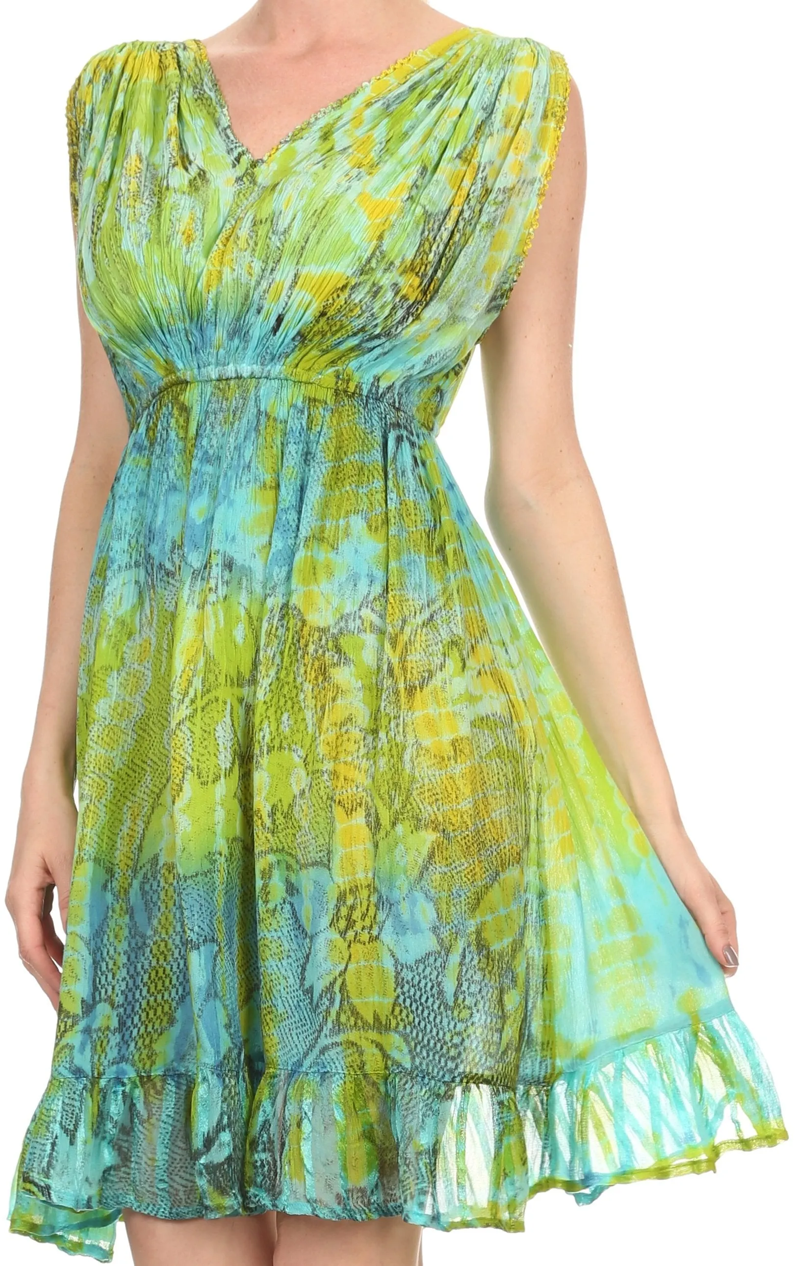 Sakkas Ganya Mid Length Ruffled Bottom Sleeveless Ombre Tie Dye Wash Batik Dress