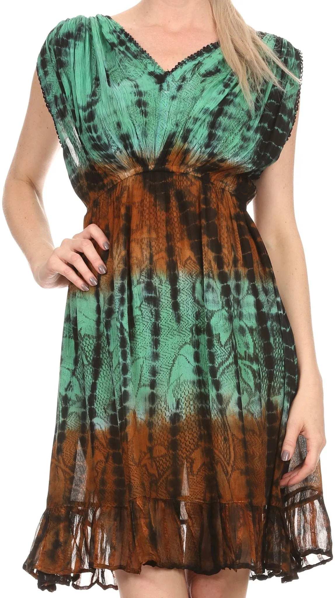 Sakkas Ganya Mid Length Ruffled Bottom Sleeveless Ombre Tie Dye Wash Batik Dress