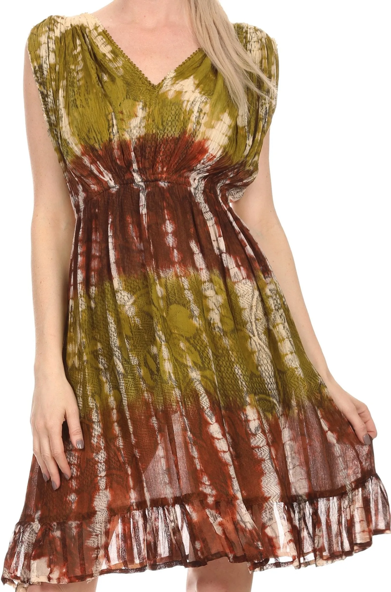 Sakkas Ganya Mid Length Ruffled Bottom Sleeveless Ombre Tie Dye Wash Batik Dress